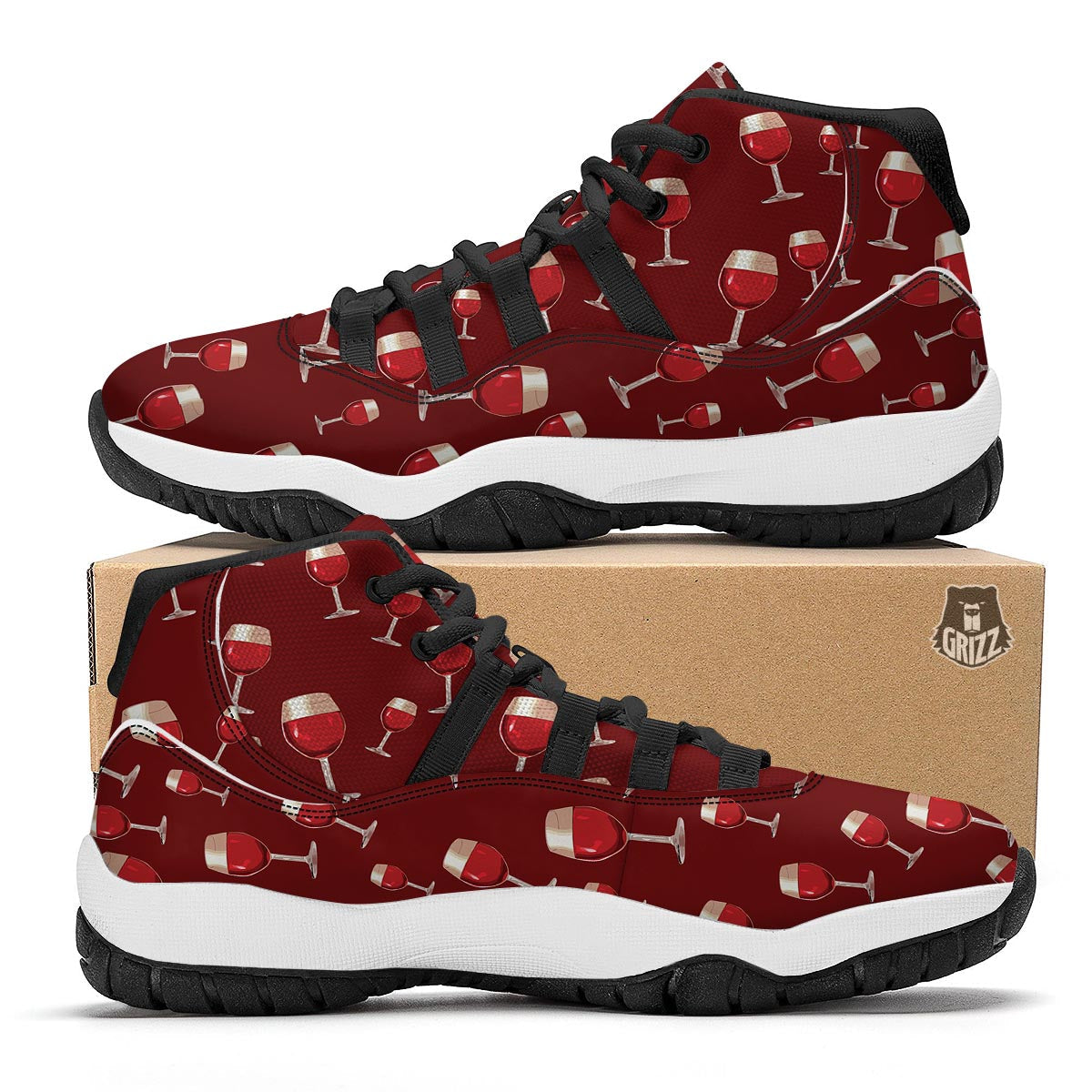 Wine Red Print Pattern Black Bball Shoes-grizzshop