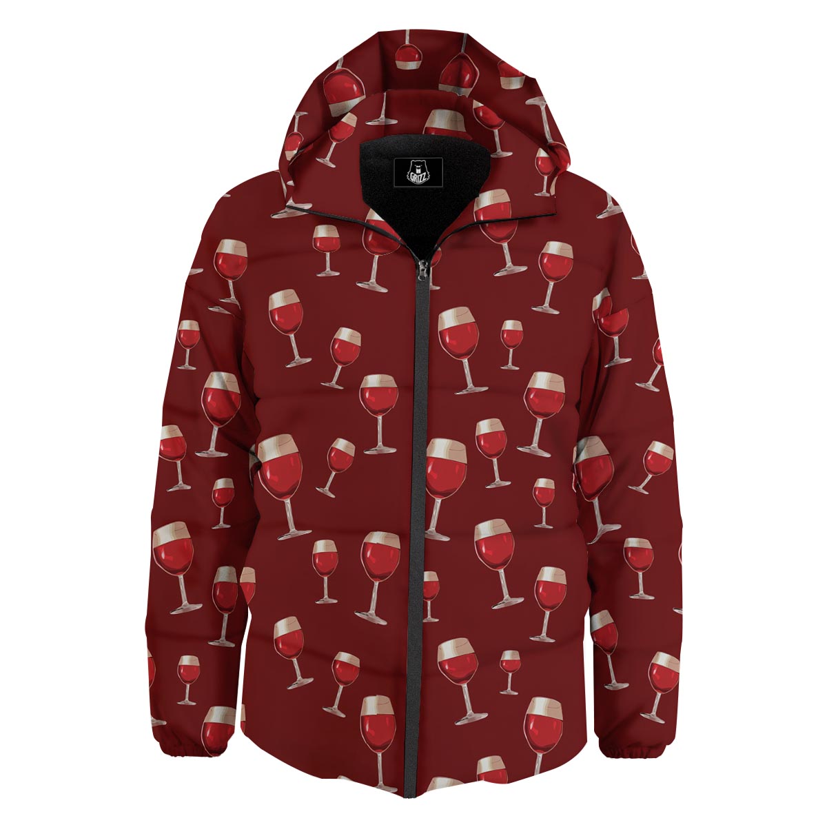 Wine Red Print Pattern Down Jacket-grizzshop