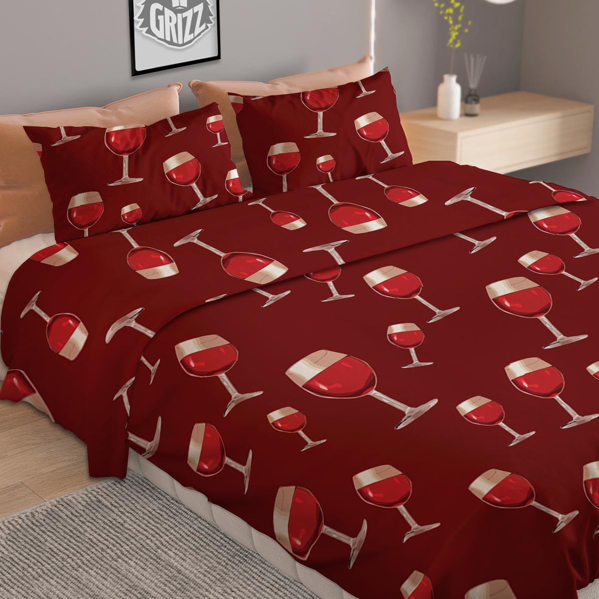 Wine Red Print Pattern Duvet Cover Bedding Set-grizzshop