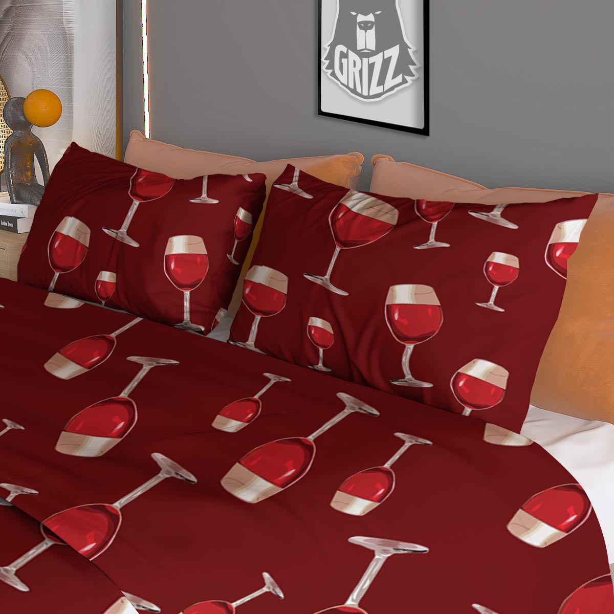 Wine Red Print Pattern Duvet Cover Bedding Set-grizzshop