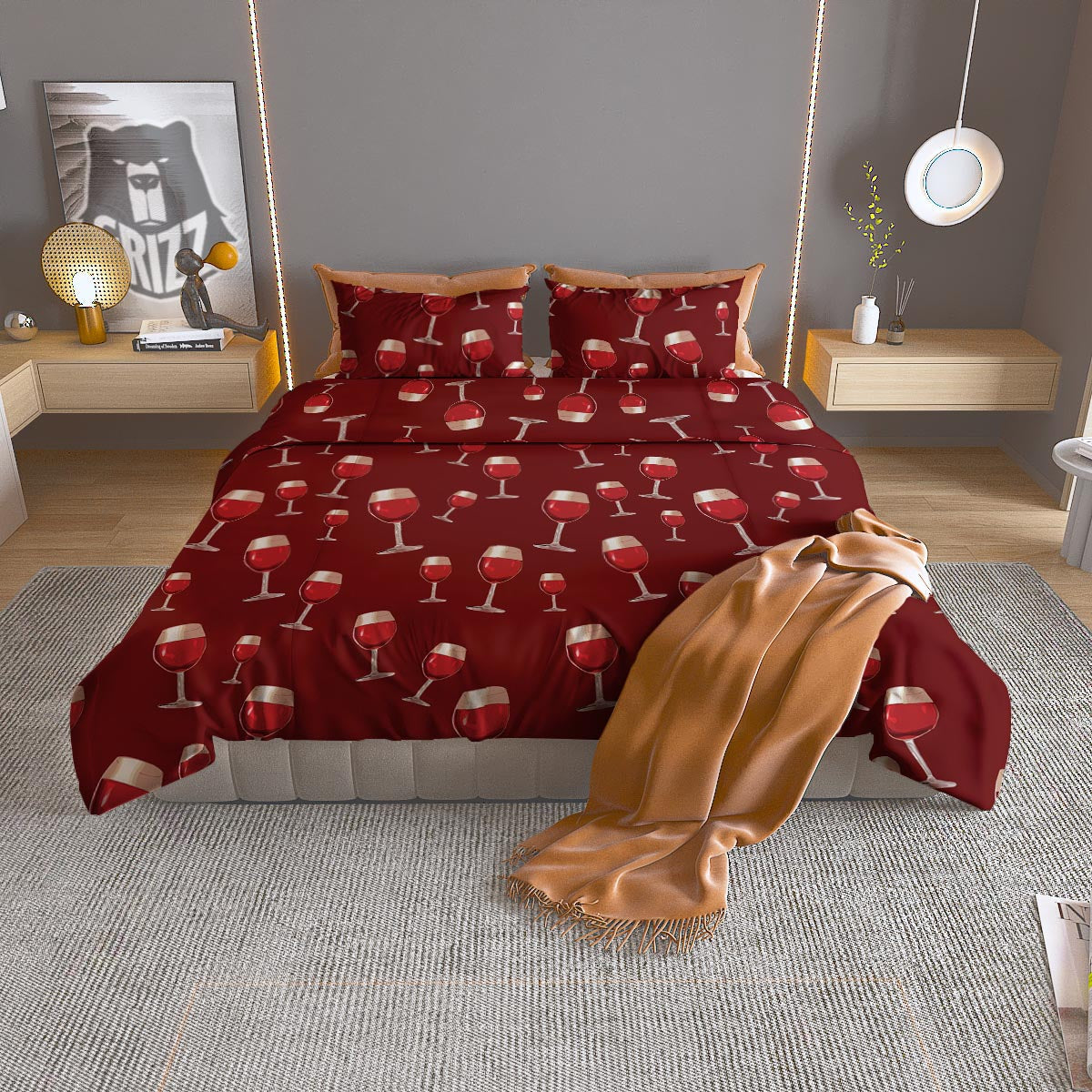 Wine Red Print Pattern Duvet Cover Bedding Set-grizzshop