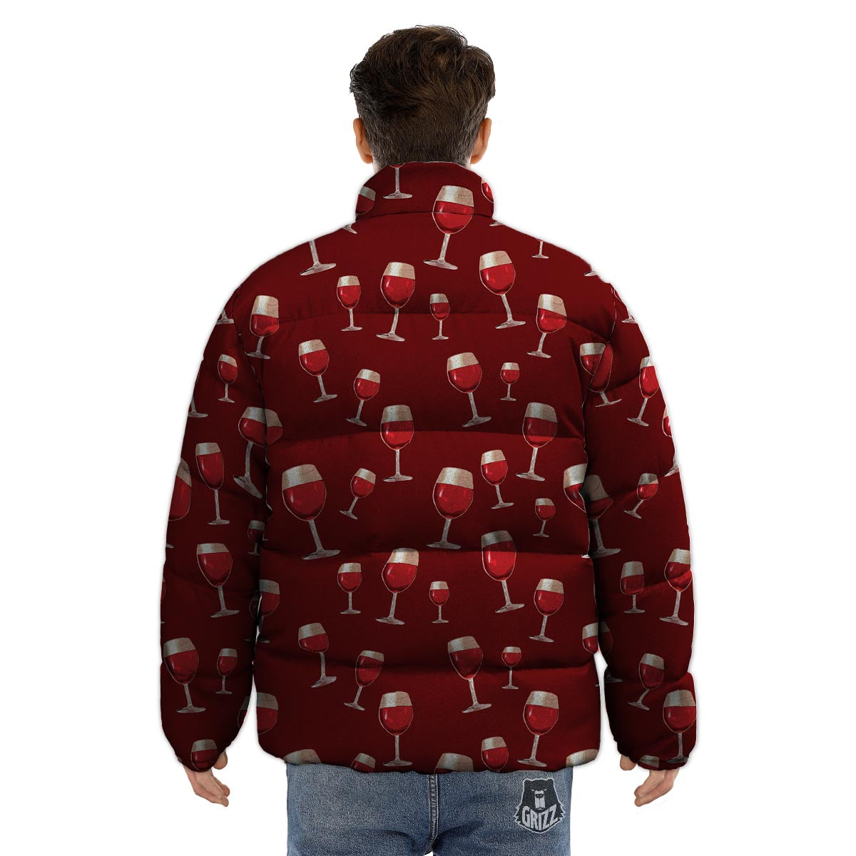 Wine Red Print Pattern Puffer Jacket-grizzshop
