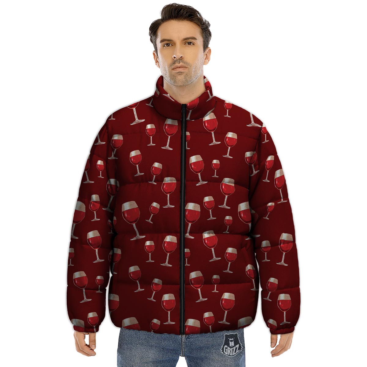 Wine Red Print Pattern Puffer Jacket-grizzshop