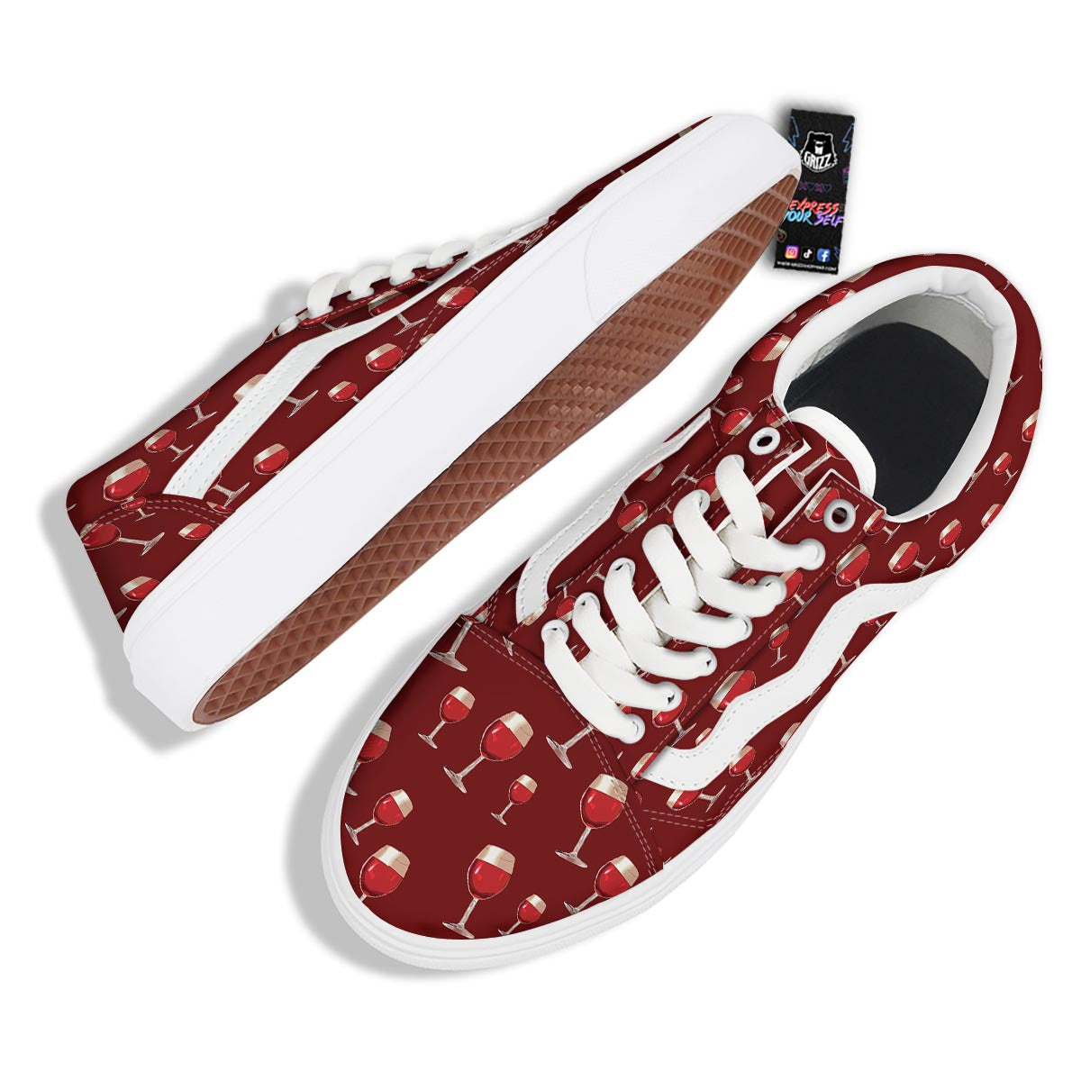 Wine Red Print Pattern Skate Shoes-grizzshop