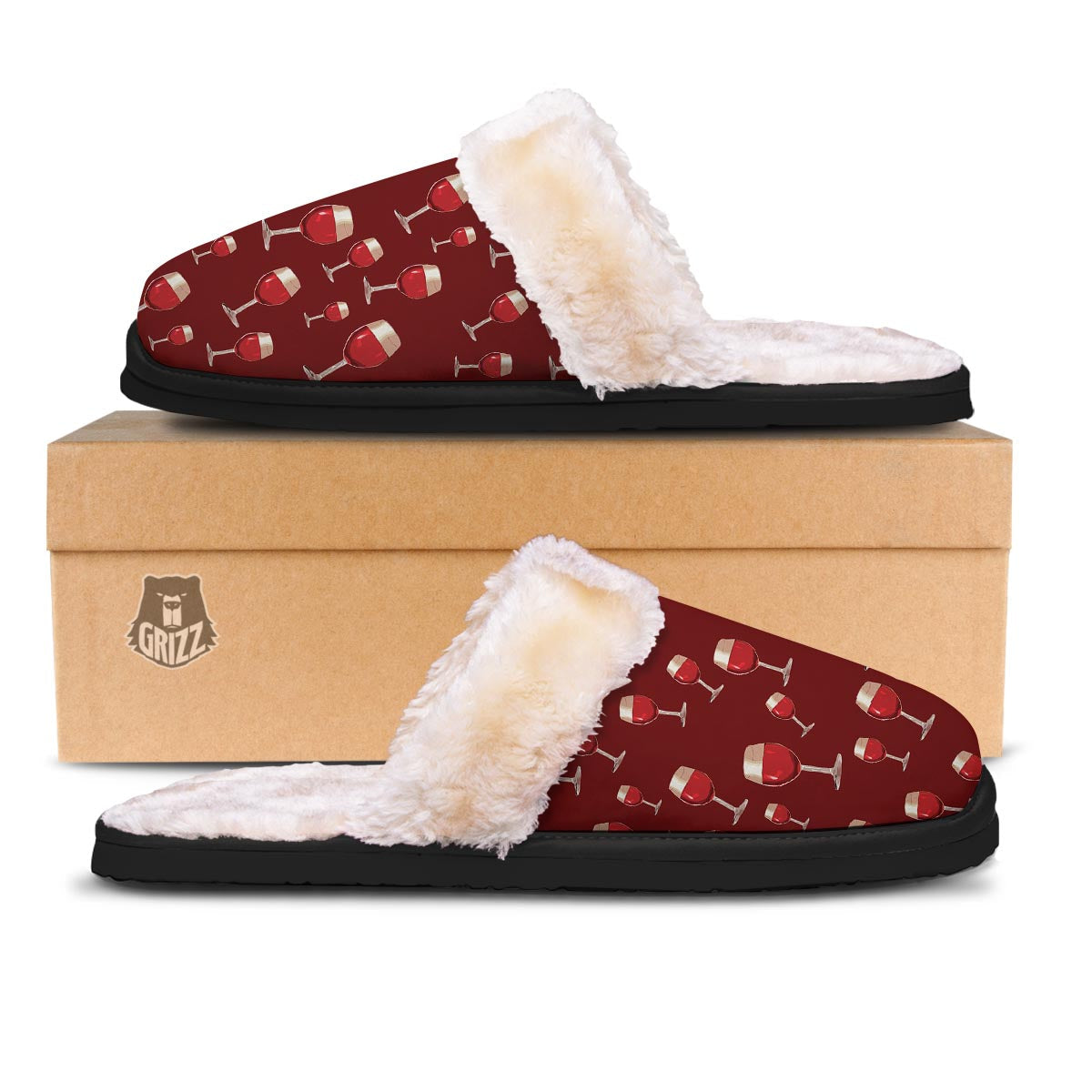 Wine Red Print Pattern Slippers-grizzshop