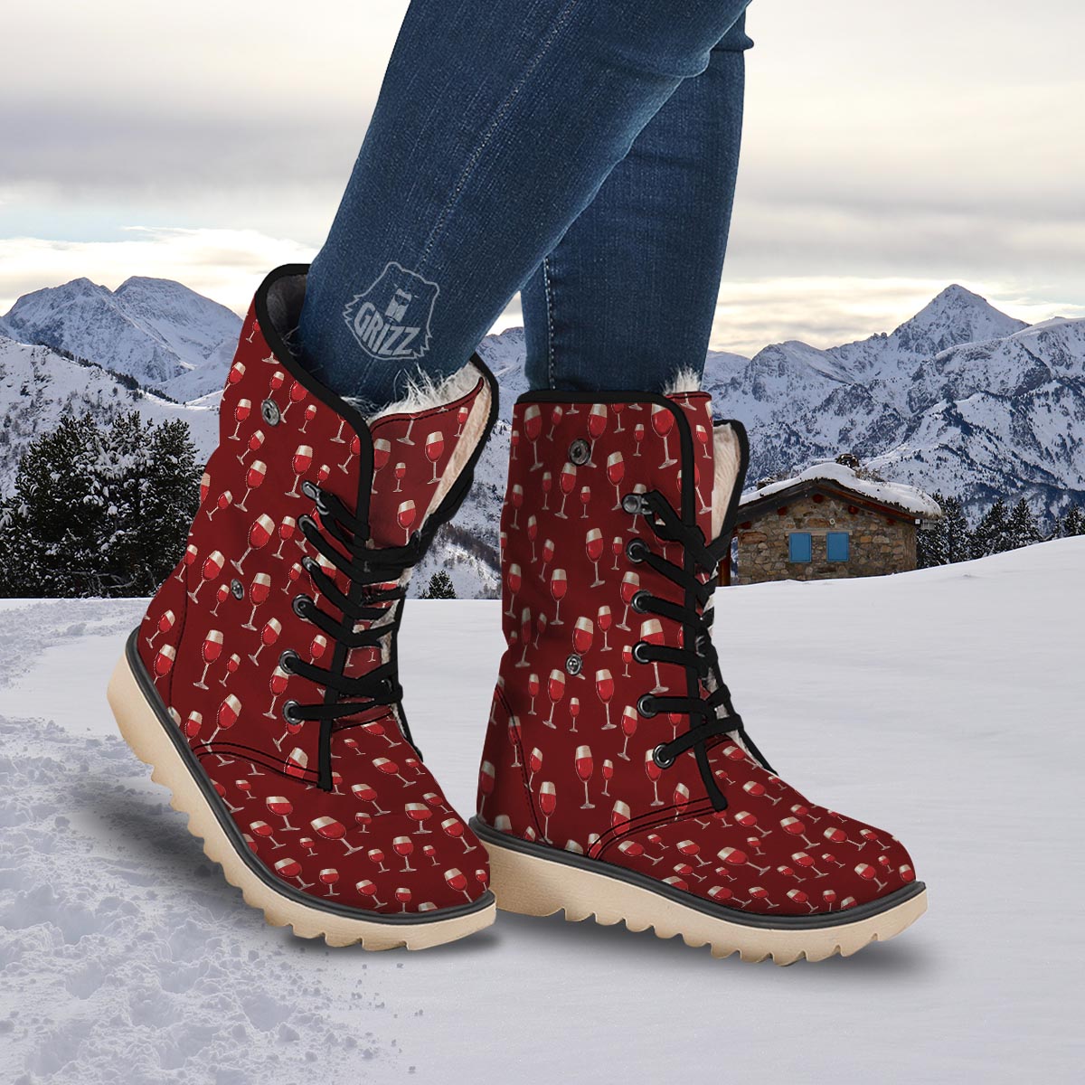 Wine Red Print Pattern Snow Boots-grizzshop