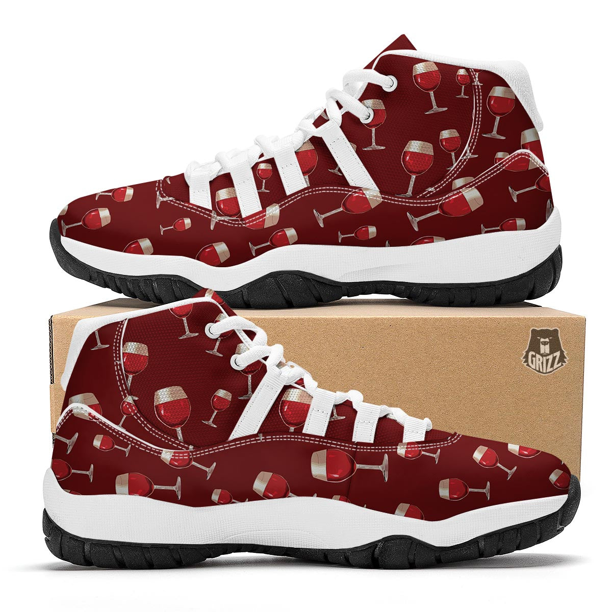 Wine Red Print Pattern White Bball Shoes-grizzshop