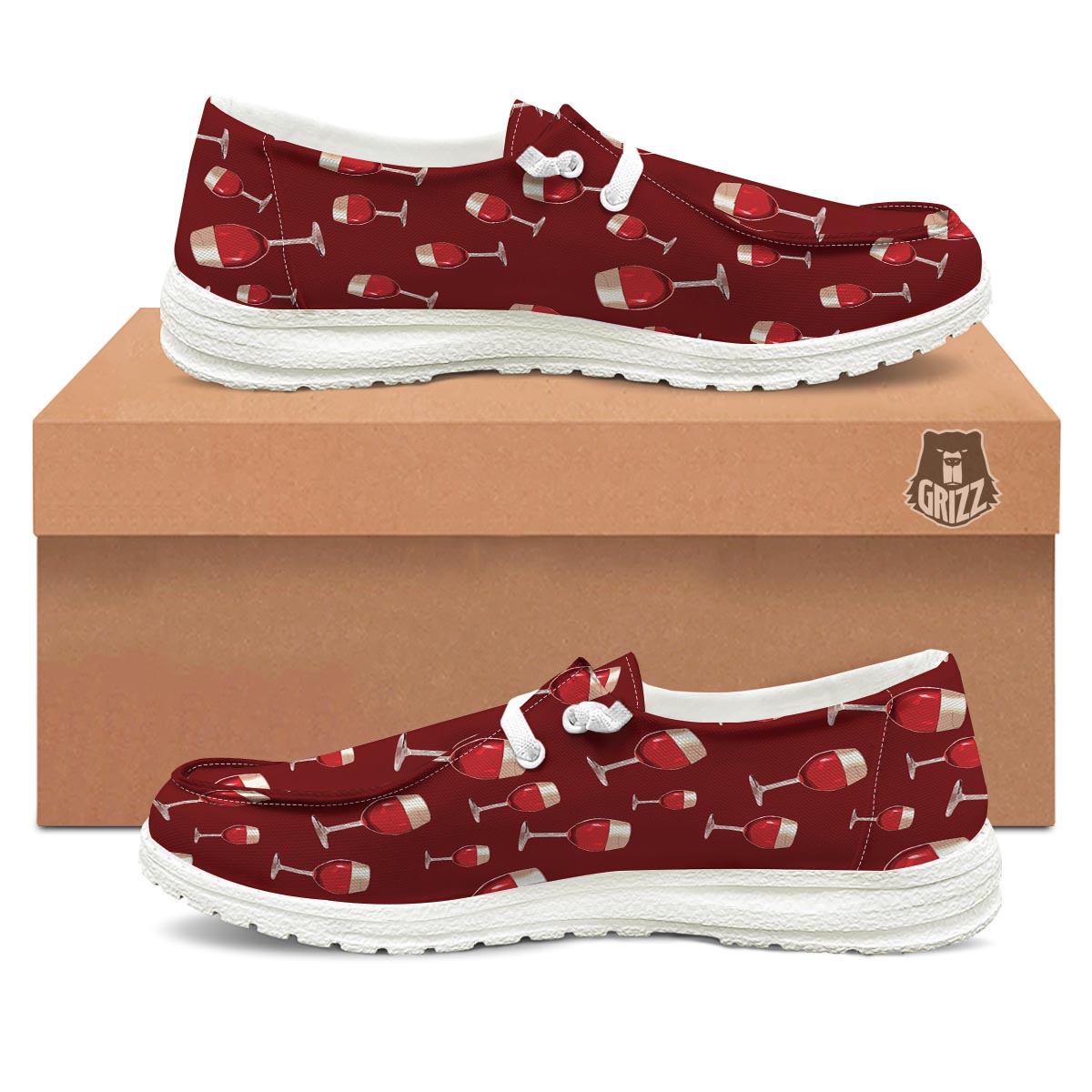 Wine Red Print Pattern White Loafers-grizzshop