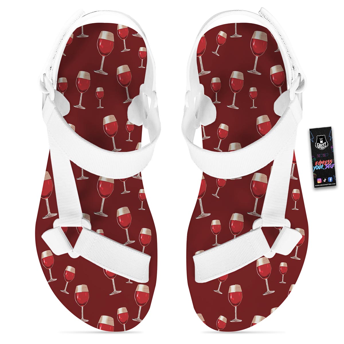 Wine Red Print Pattern White Open Toe Sandals-grizzshop