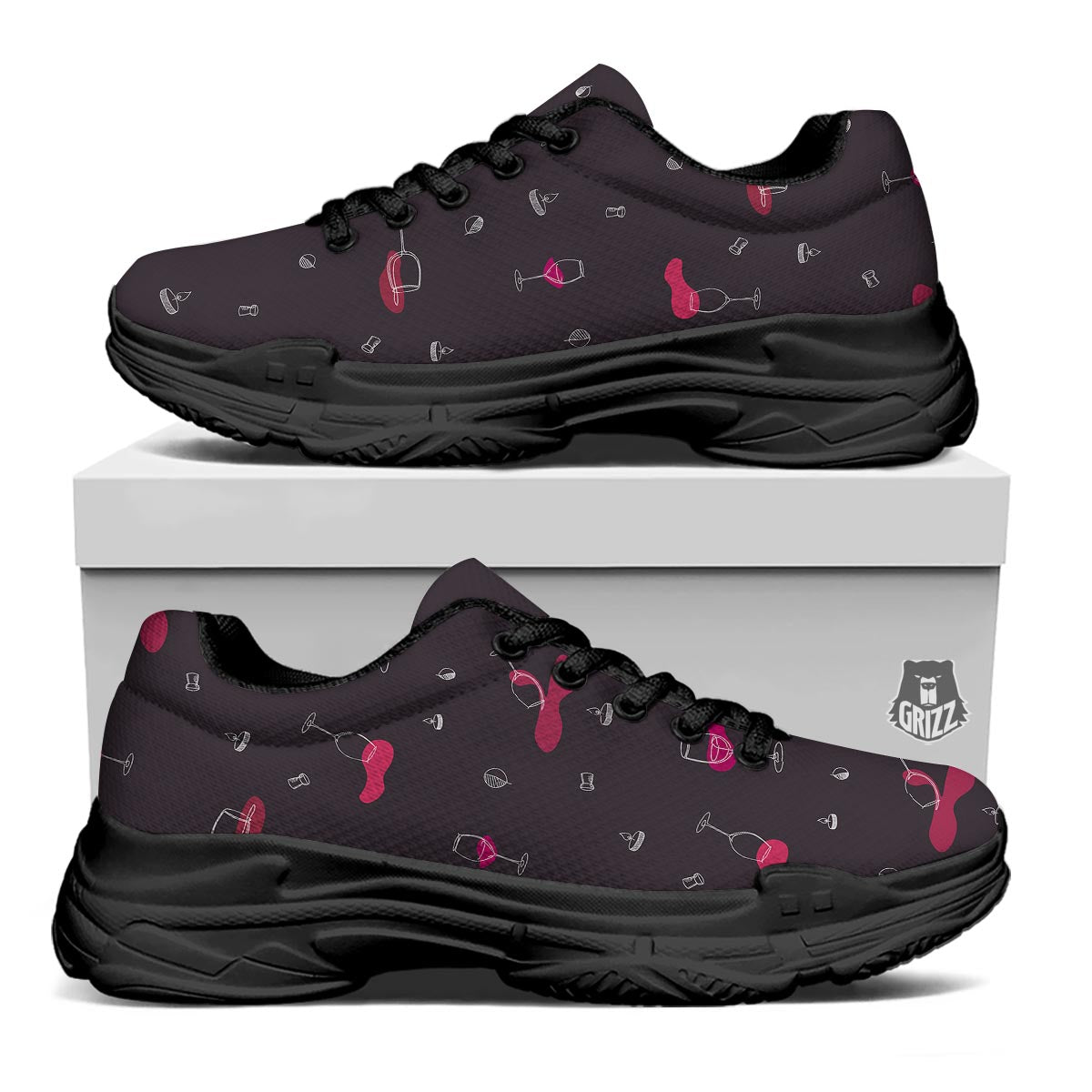 Wine Splash Print Pattern Black Chunky Shoes-grizzshop