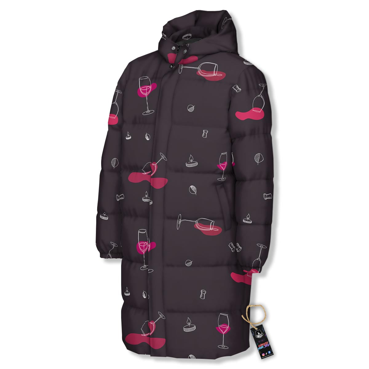 Wine Splash Print Pattern Long Down Jacket-grizzshop