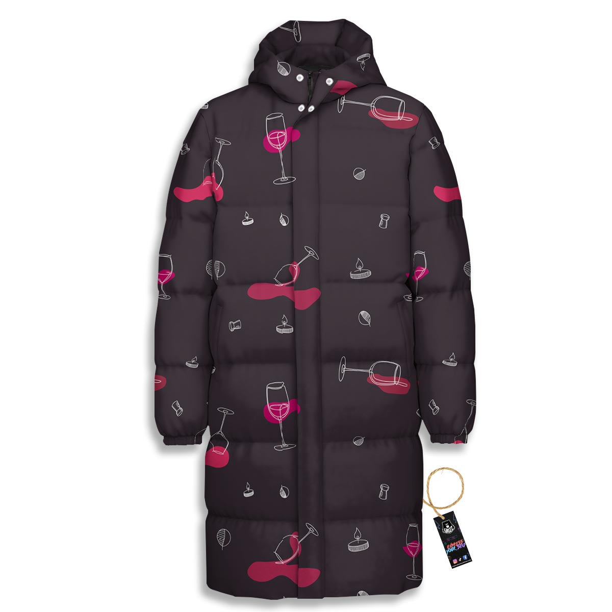Wine Splash Print Pattern Long Down Jacket-grizzshop