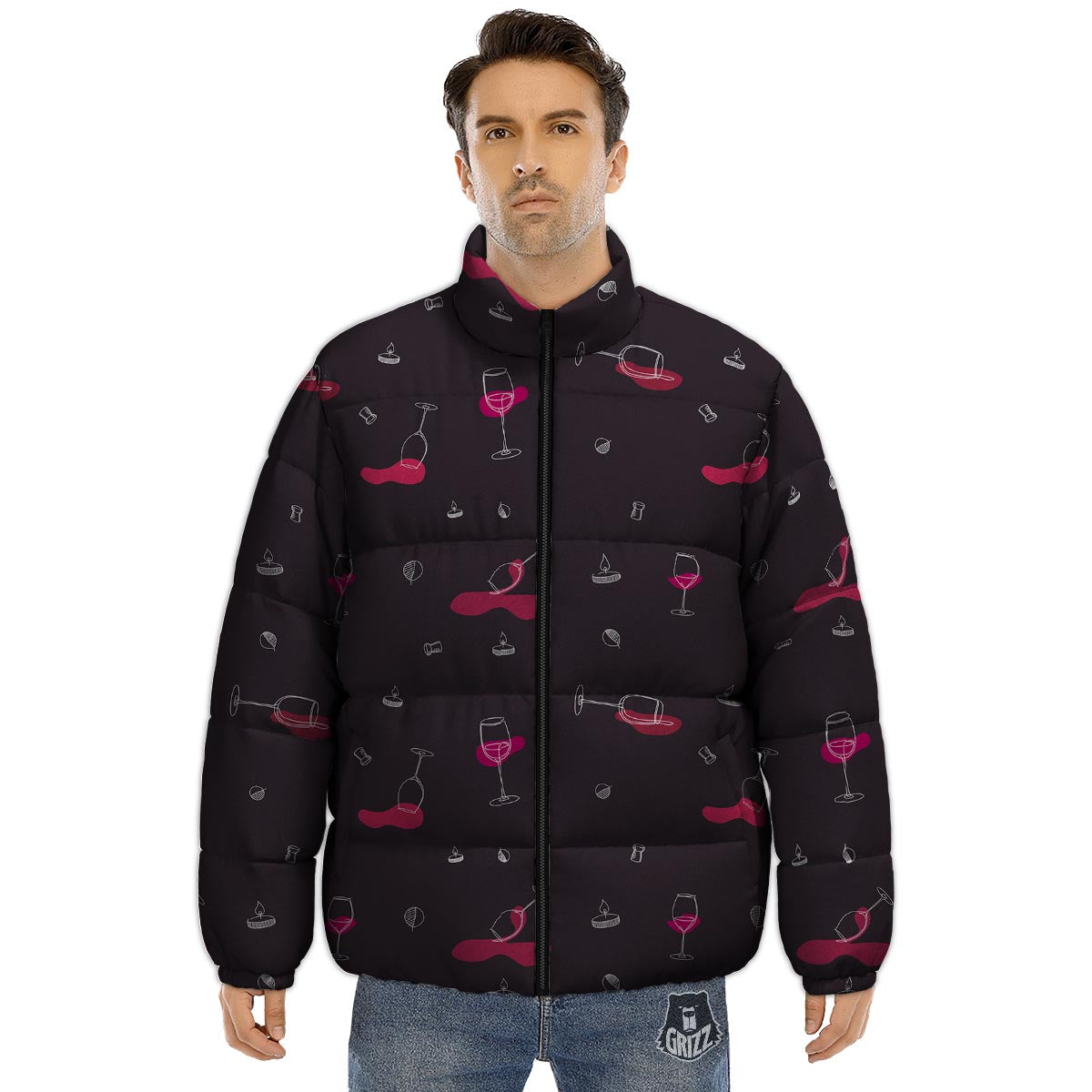 Wine Splash Print Pattern Puffer Jacket-grizzshop