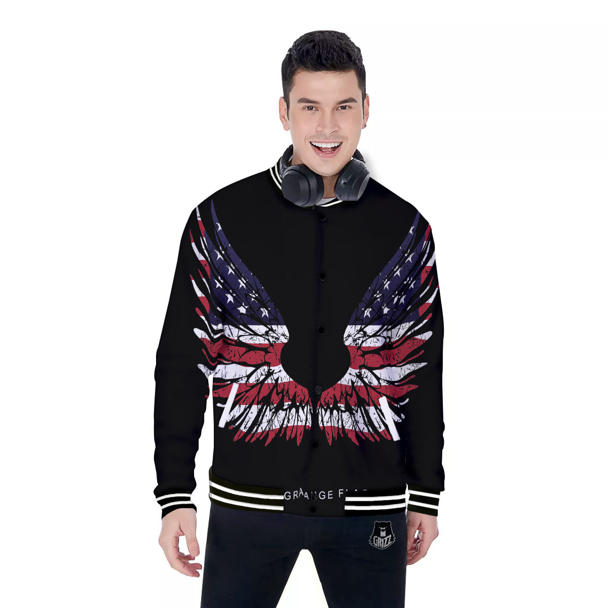 Wing Flag American Print Baseball Jacket-grizzshop