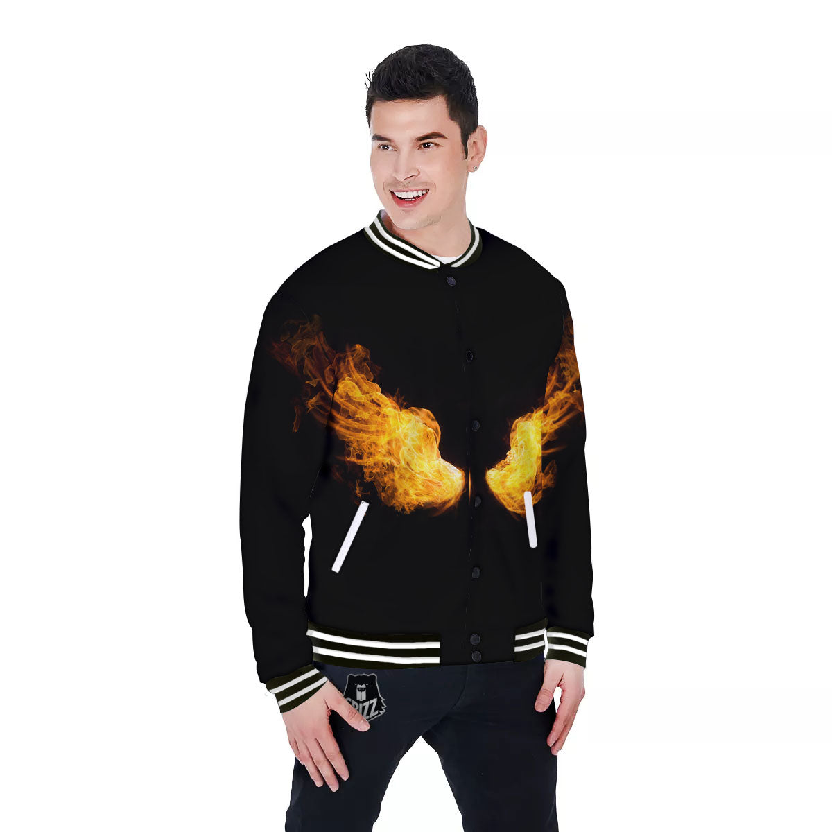 Wings Flame Print Baseball Jacket-grizzshop