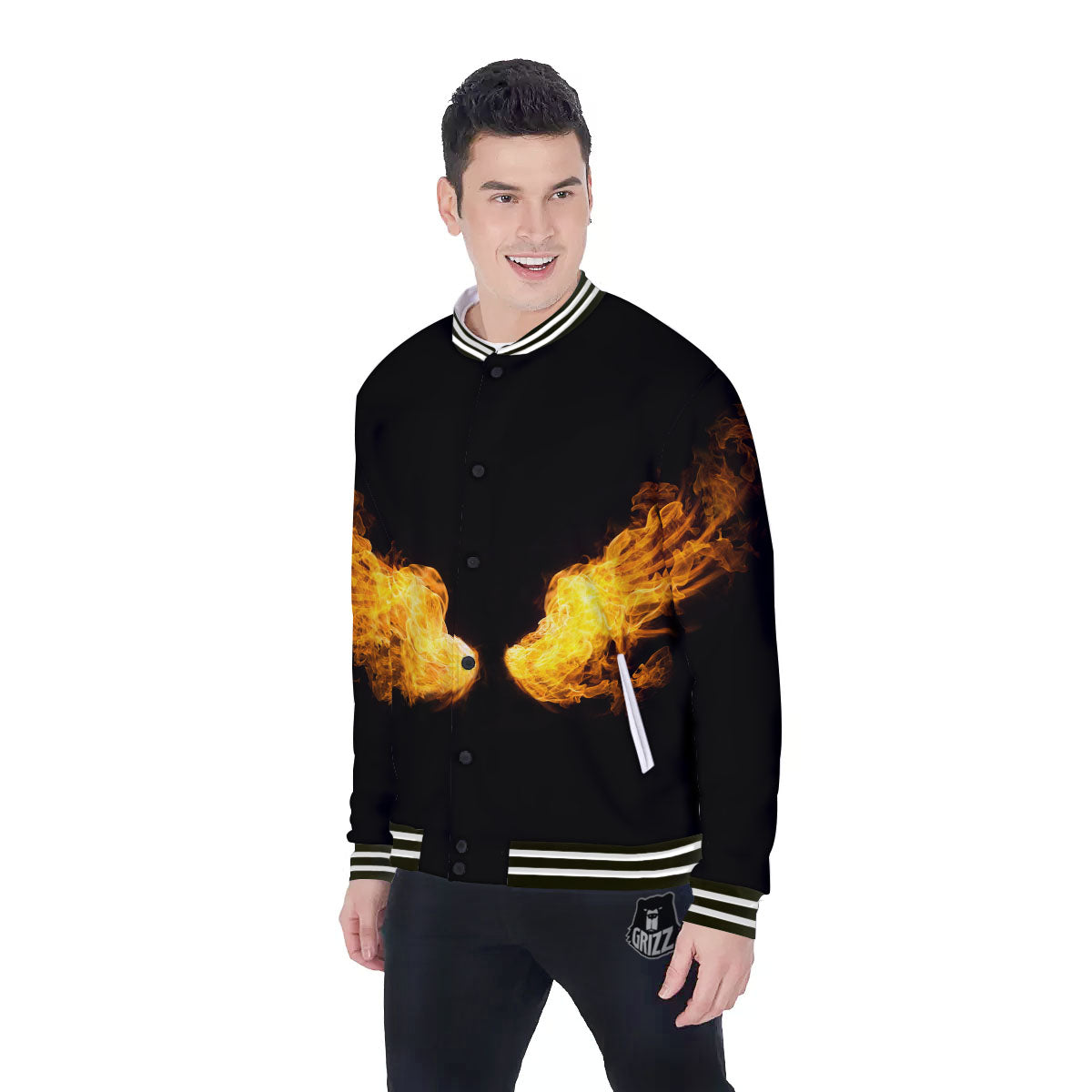 Wings Flame Print Baseball Jacket-grizzshop