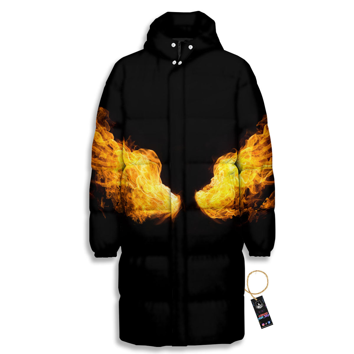 Wings Flame Print Long Down Jacket-grizzshop