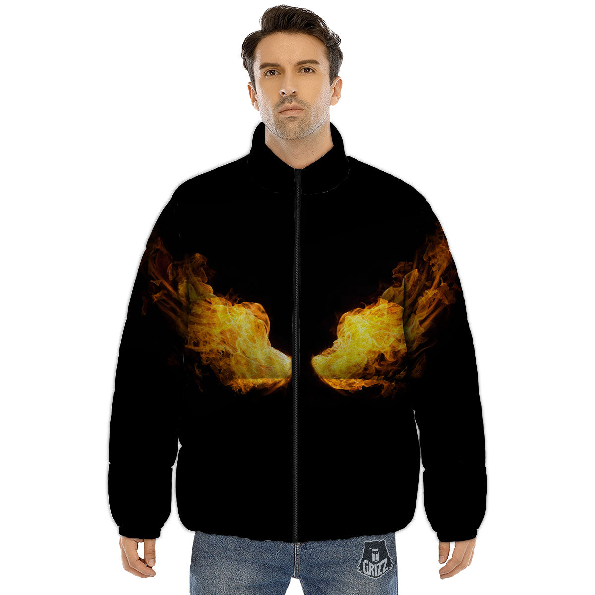 Wings Flame Print Puffer Jacket-grizzshop