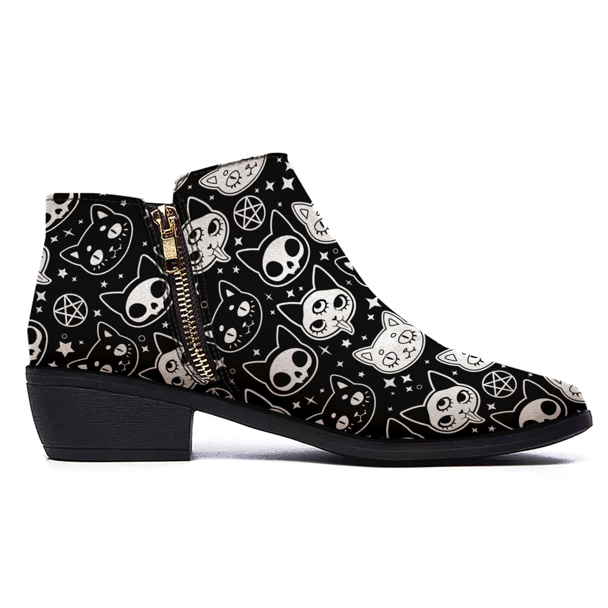 Witch And Ghost Black White Print Pattern Ankle Boots-grizzshop