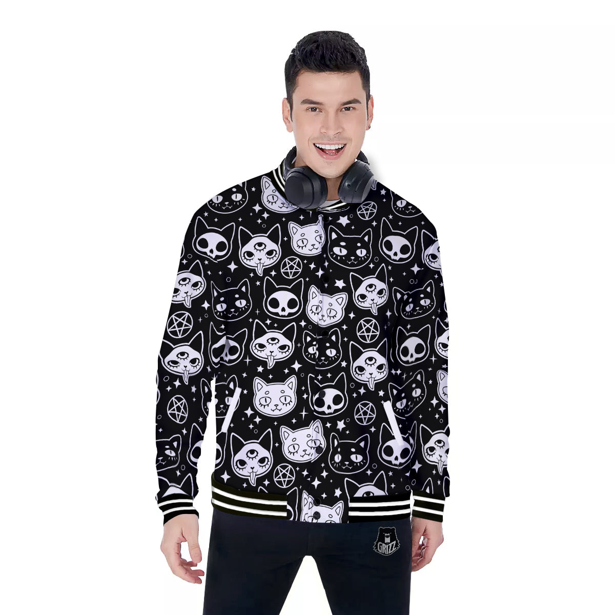 Witch And Ghost Black White Print Pattern Baseball Jacket-grizzshop
