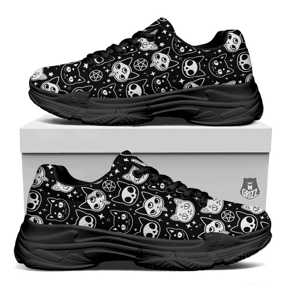 Witch And Ghost Black White Print Pattern Black Chunky Shoes-grizzshop