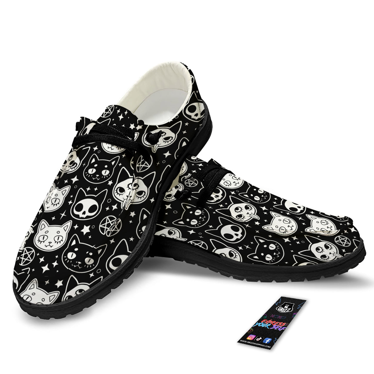 Witch And Ghost Black White Print Pattern Black Loafers-grizzshop
