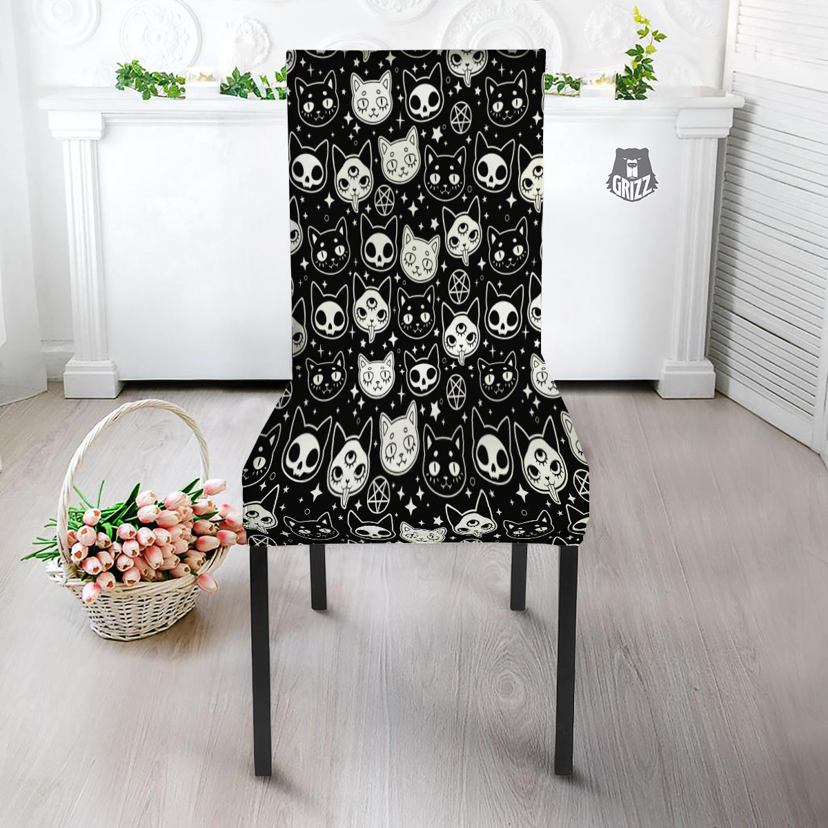 Witch And Ghost Black White Print Pattern Dining Chair Slipcover-grizzshop