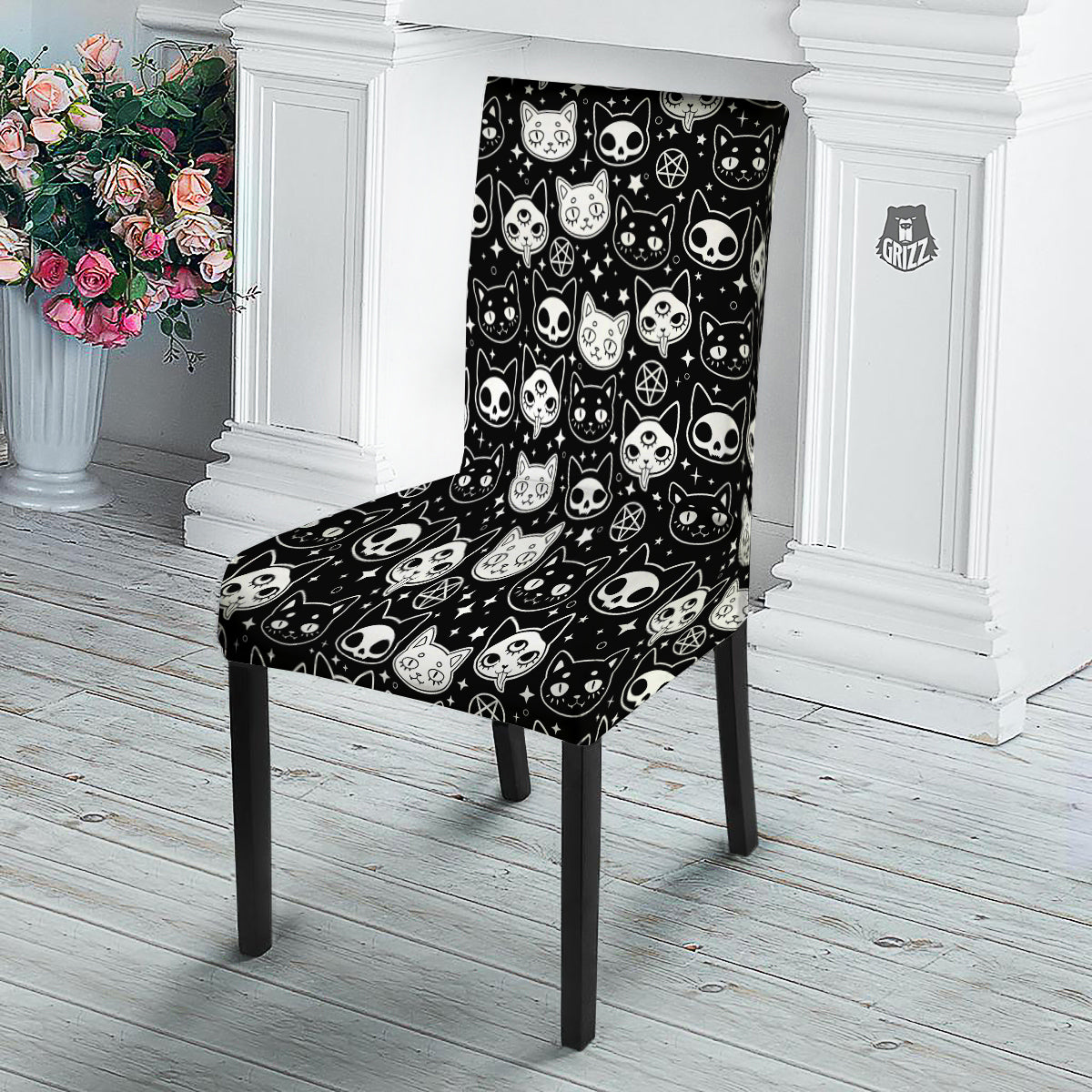 Witch And Ghost Black White Print Pattern Dining Chair Slipcover-grizzshop