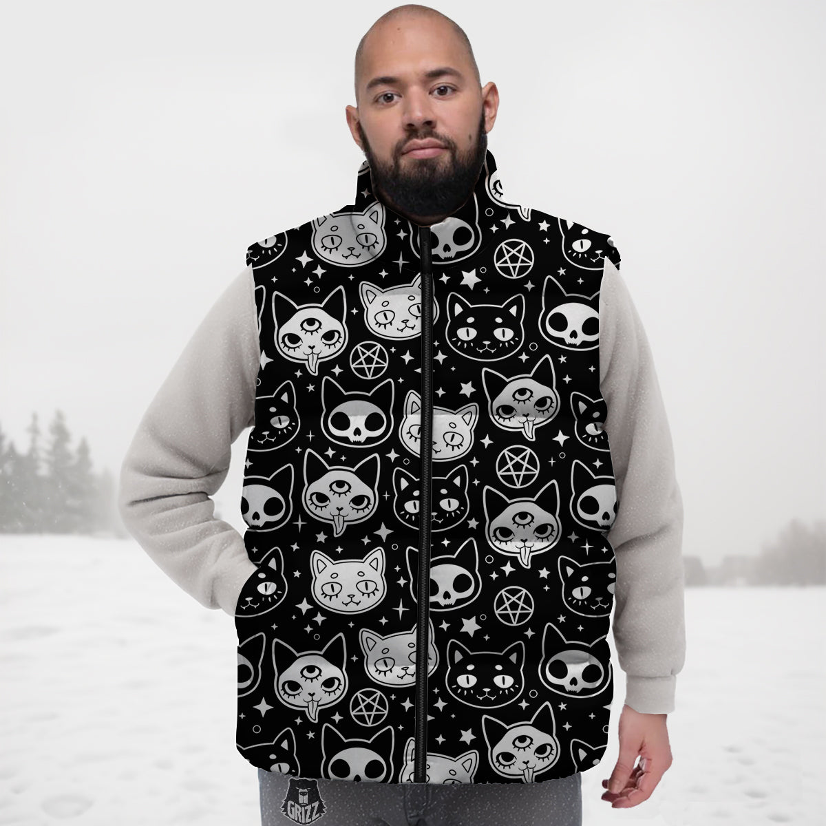 Witch And Ghost Black White Print Pattern Down Vest