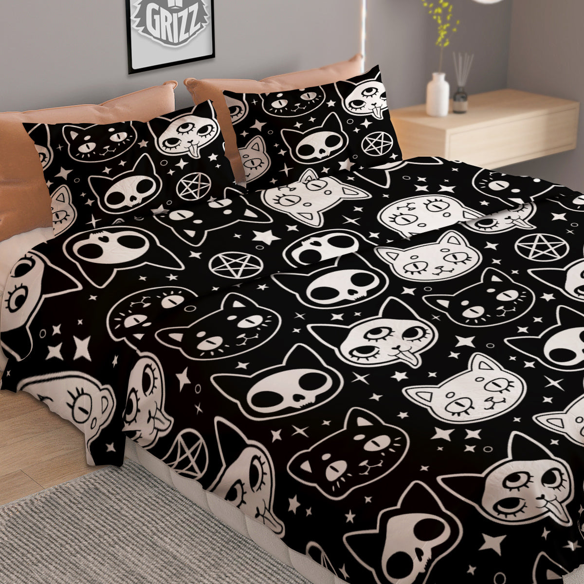Witch And Ghost Black White Print Pattern Duvet Cover Bedding Set