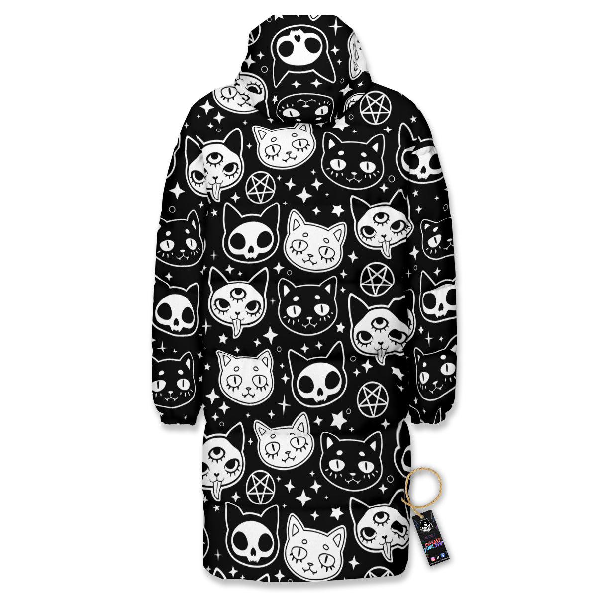 Witch And Ghost Black White Print Pattern Long Down Jacket-grizzshop