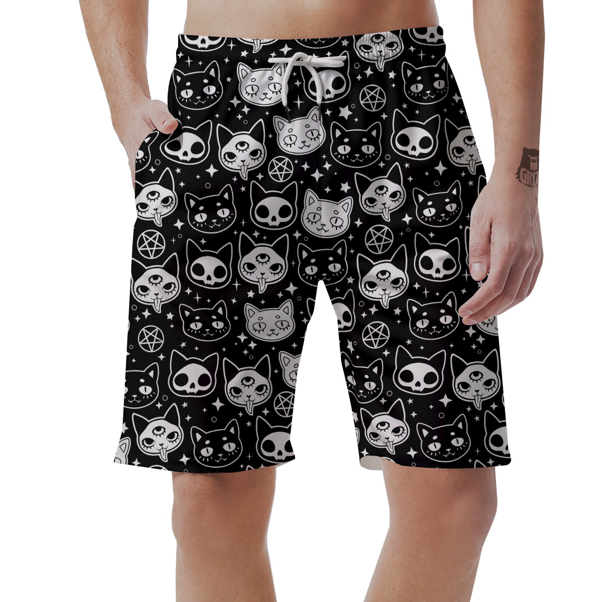 Witch And Ghost Black White Print Pattern Men's Shorts-grizzshop