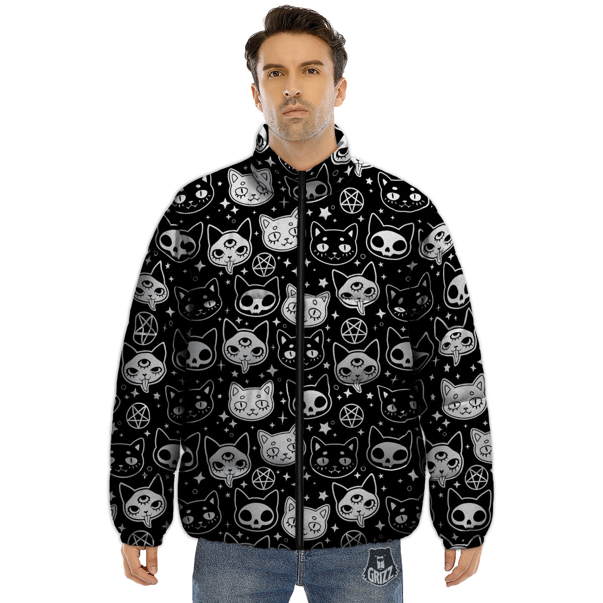 Witch And Ghost Black White Print Pattern Puffer Jacket-grizzshop