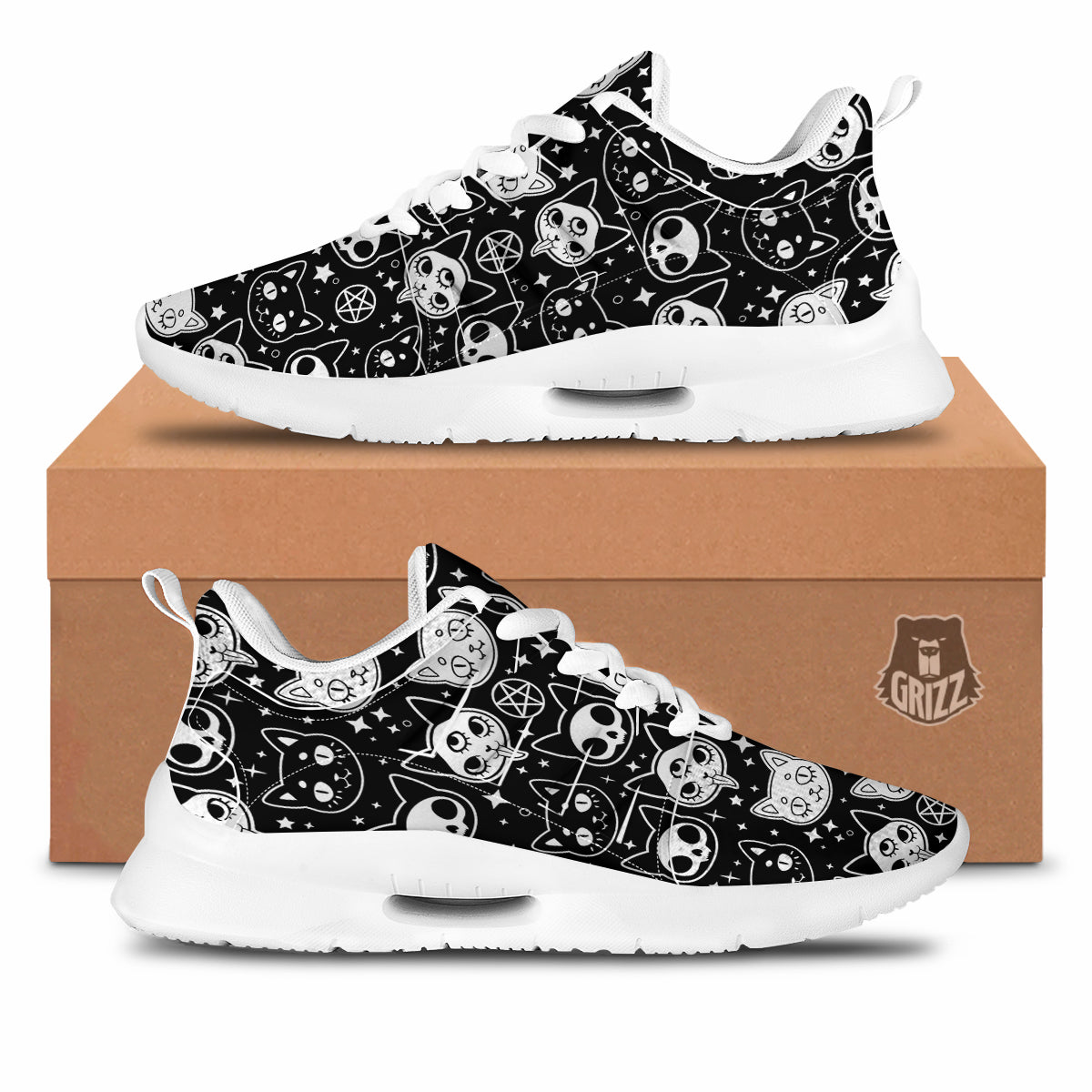 Witch And Ghost Black White Print Pattern Tennis Shoes-grizzshop