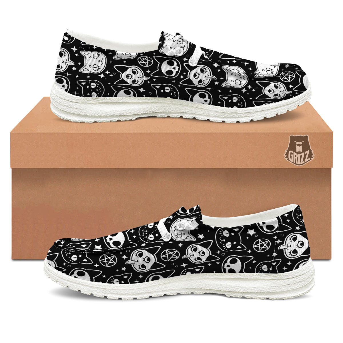Witch And Ghost Black White Print Pattern White Loafers-grizzshop