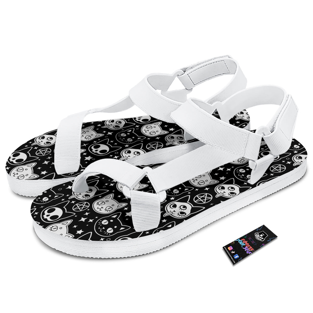 Witch And Ghost Black White Print Pattern White Open Toe Sandals-grizzshop