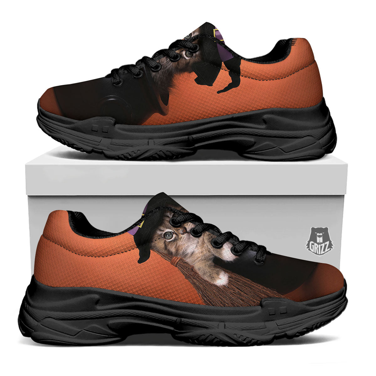 Witch Cat Halloween Cute Print Black Chunky Shoes-grizzshop