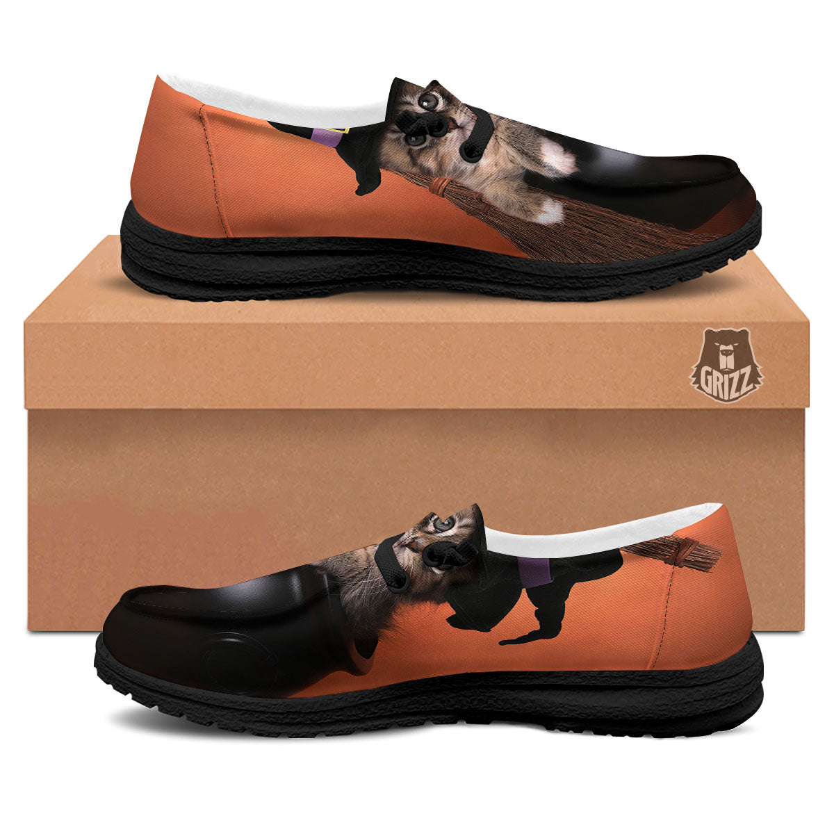 Witch Cat Halloween Cute Print Black Loafers-grizzshop