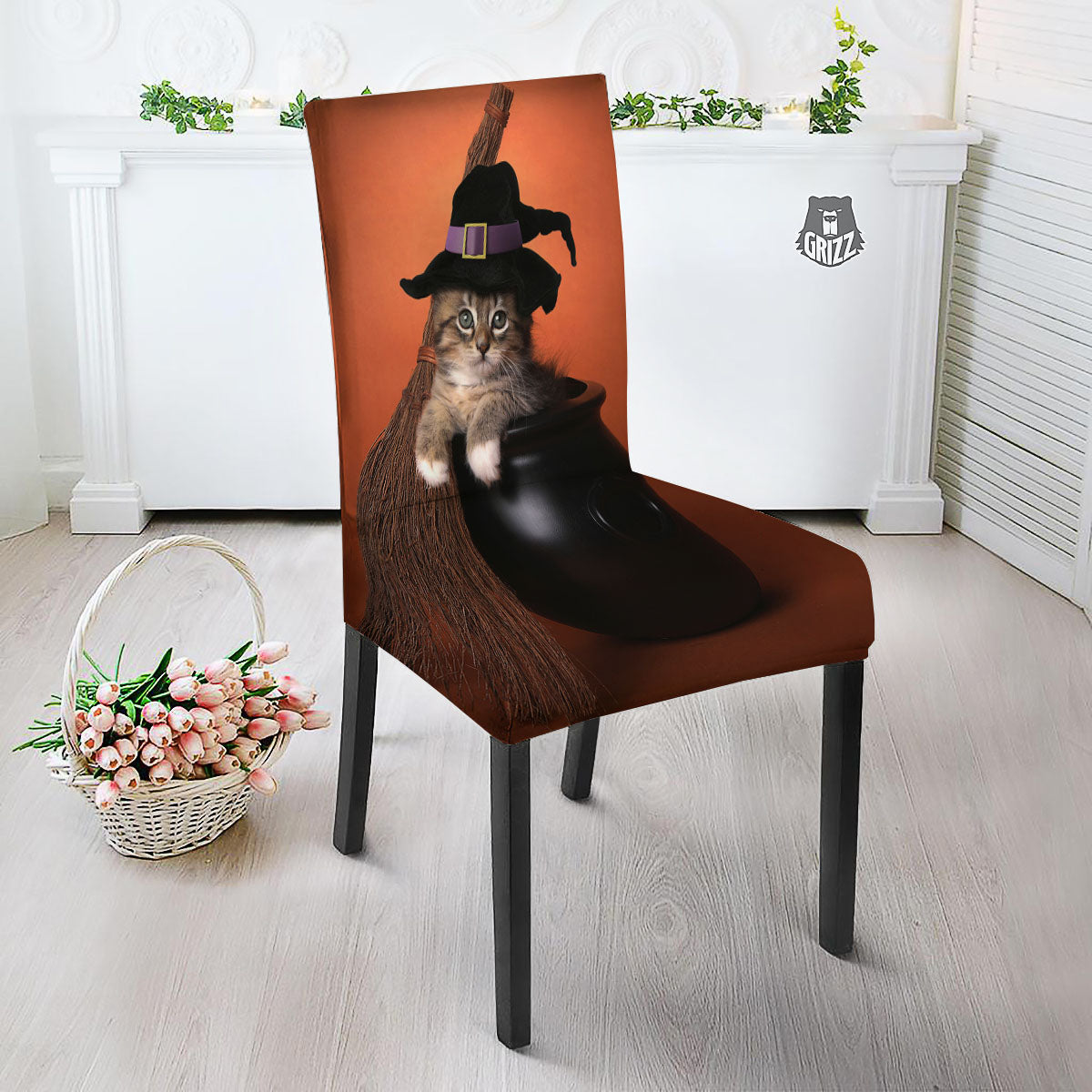 Witch Cat Halloween Cute Print Dining Chair Slipcover-grizzshop