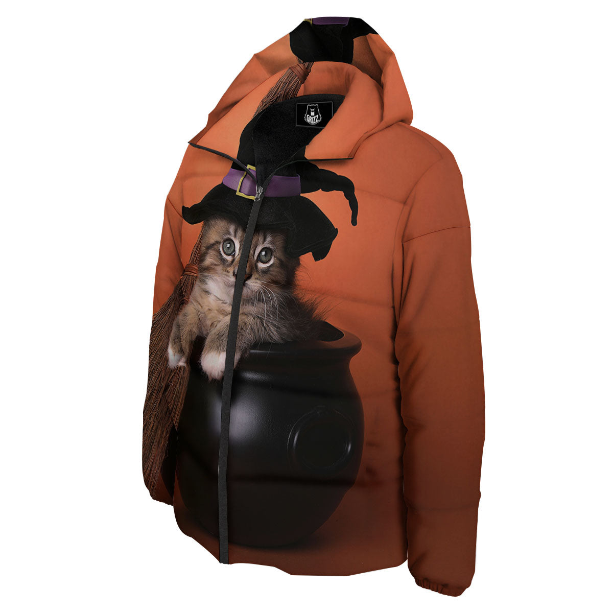 Witch Cat Halloween Cute Print Down Jacket-grizzshop