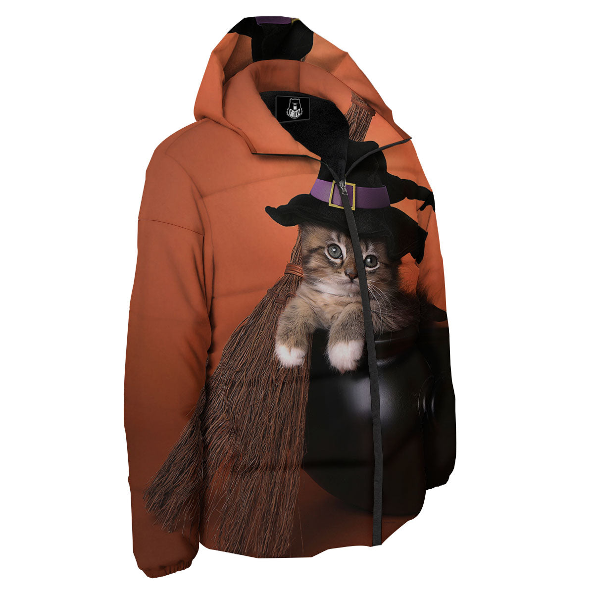 Witch Cat Halloween Cute Print Down Jacket-grizzshop