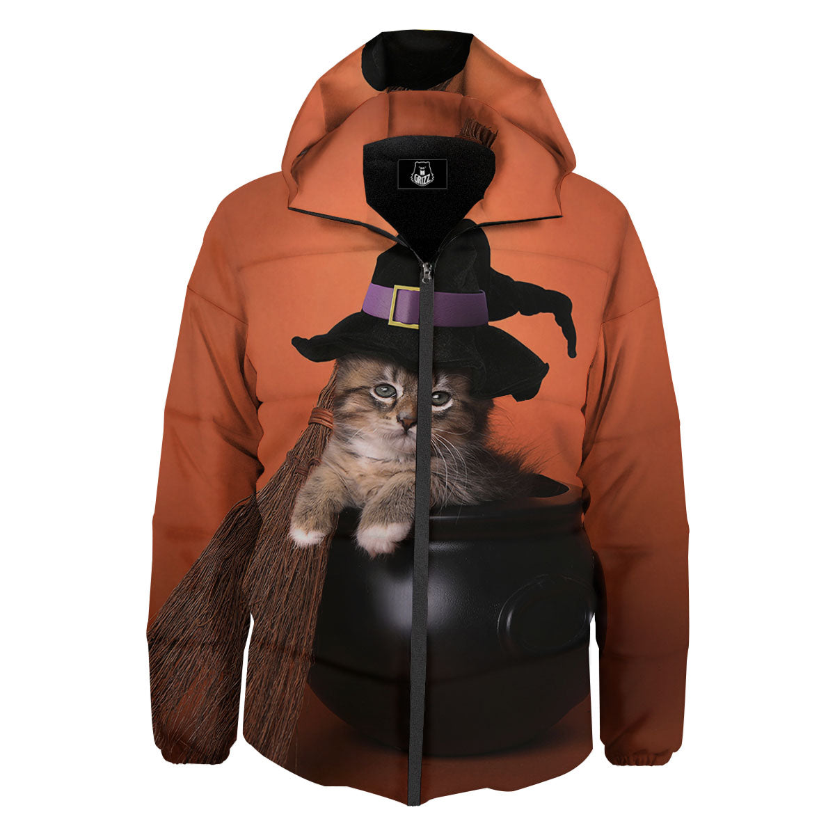 Witch Cat Halloween Cute Print Down Jacket-grizzshop