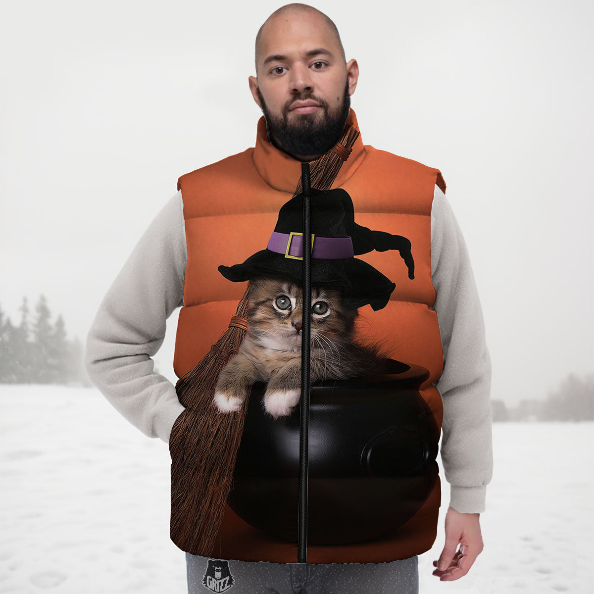 Witch Cat Halloween Cute Print Down Vest