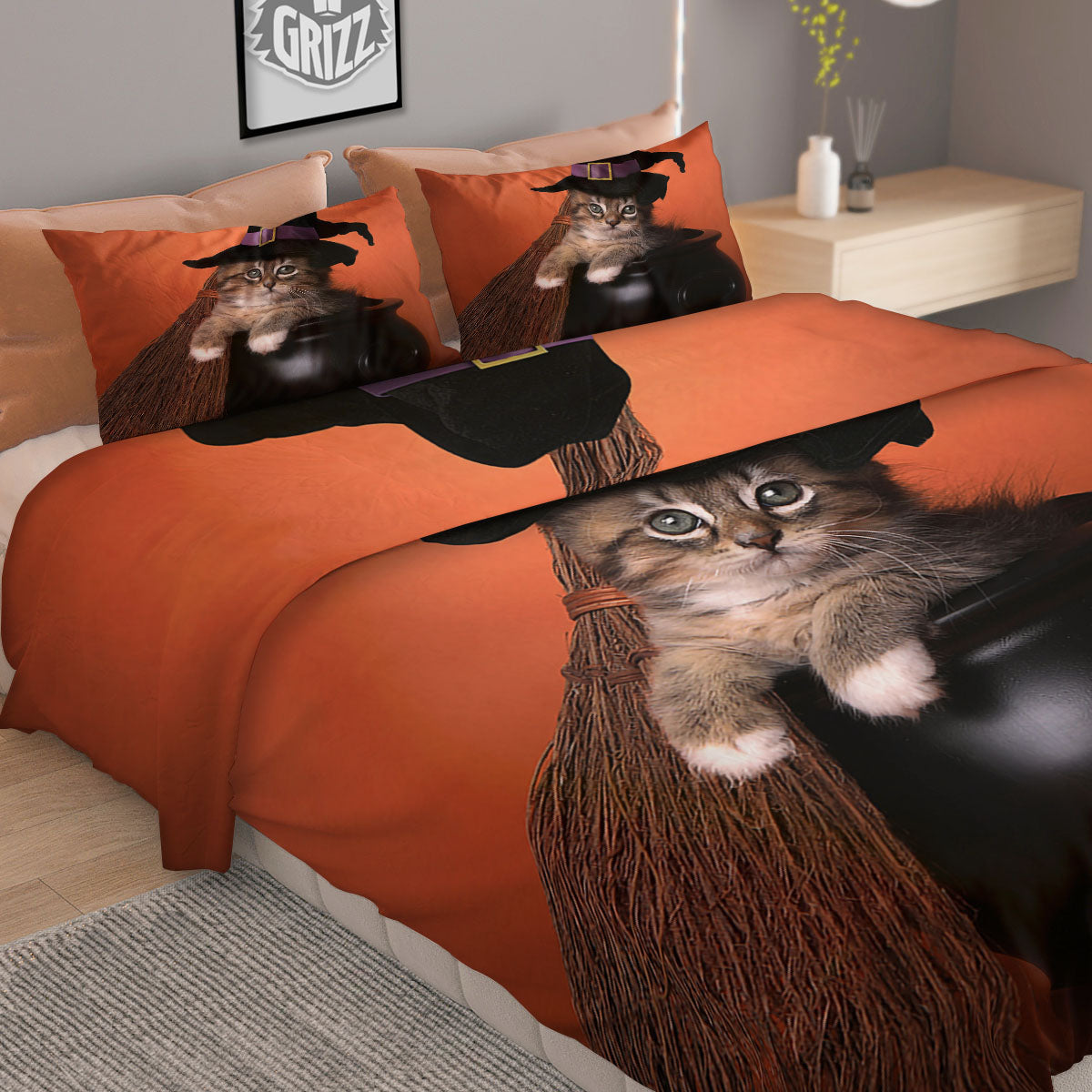 Witch Cat Halloween Cute Print Duvet Cover Bedding Set
