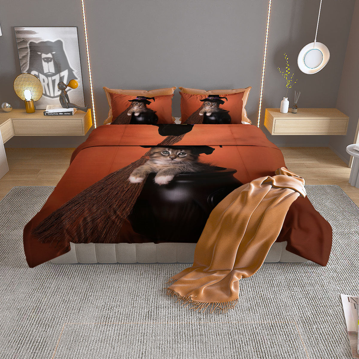 Witch Cat Halloween Cute Print Duvet Cover Bedding Set