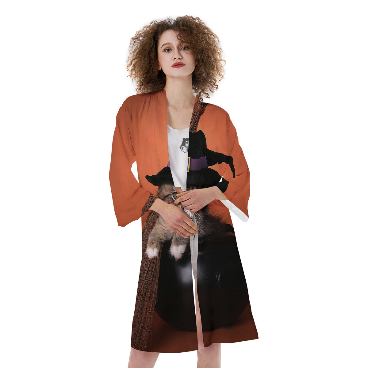 Witch Cat Halloween Cute Print Kimono-grizzshop