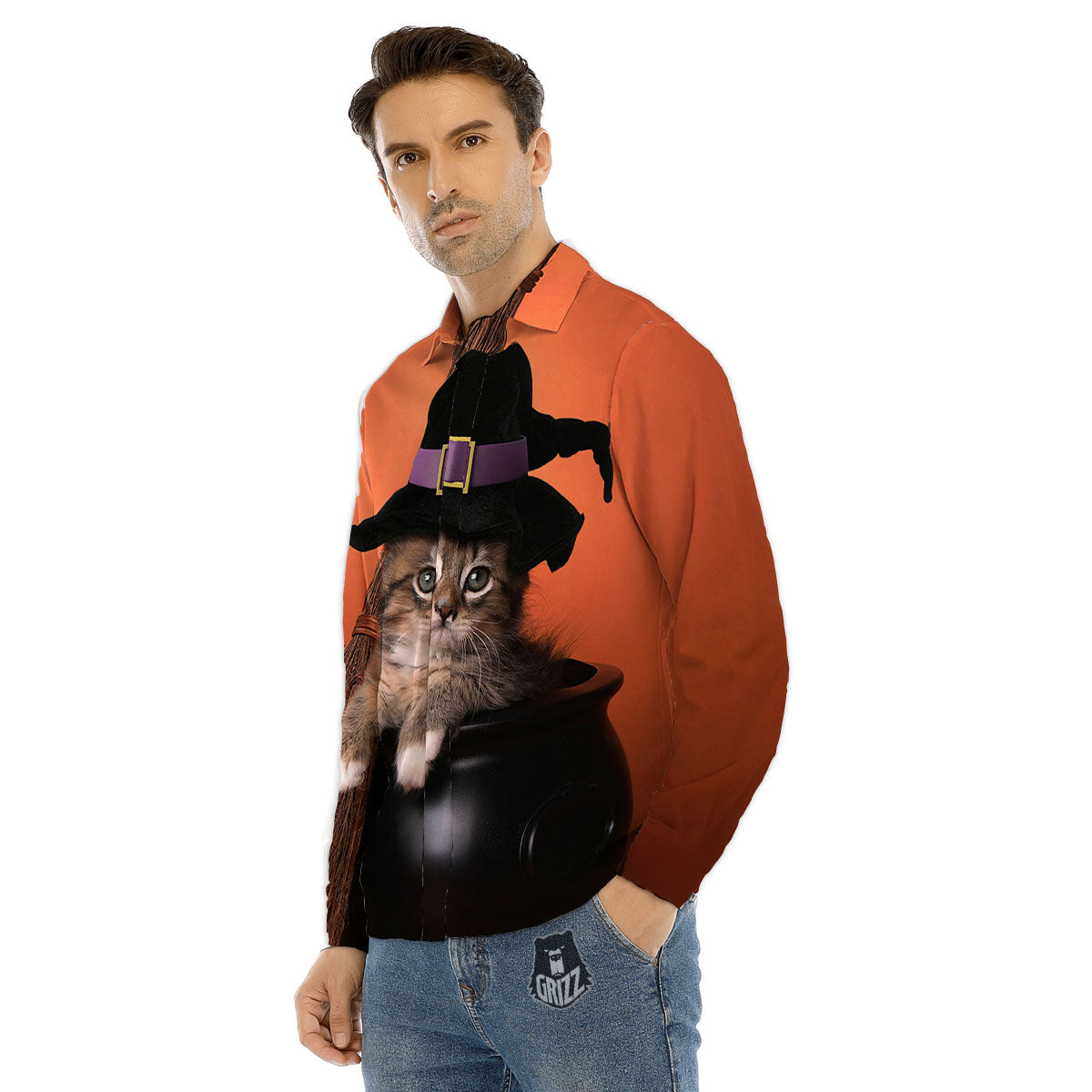 Witch Cat Halloween Cute Print Men's Dress Shirts-grizzshop