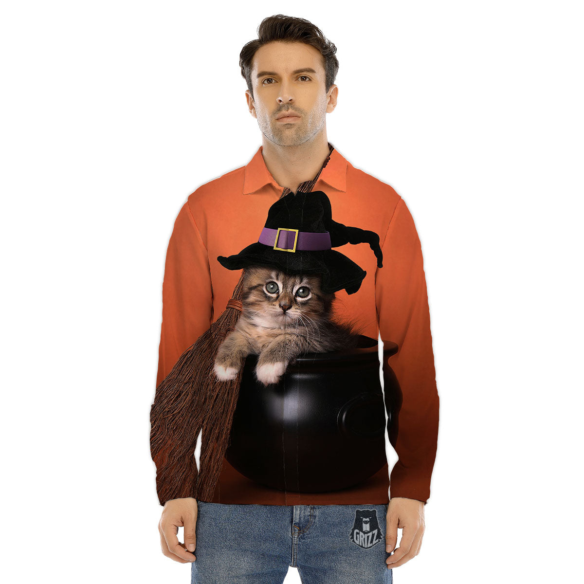 Witch Cat Halloween Cute Print Men's Dress Shirts-grizzshop