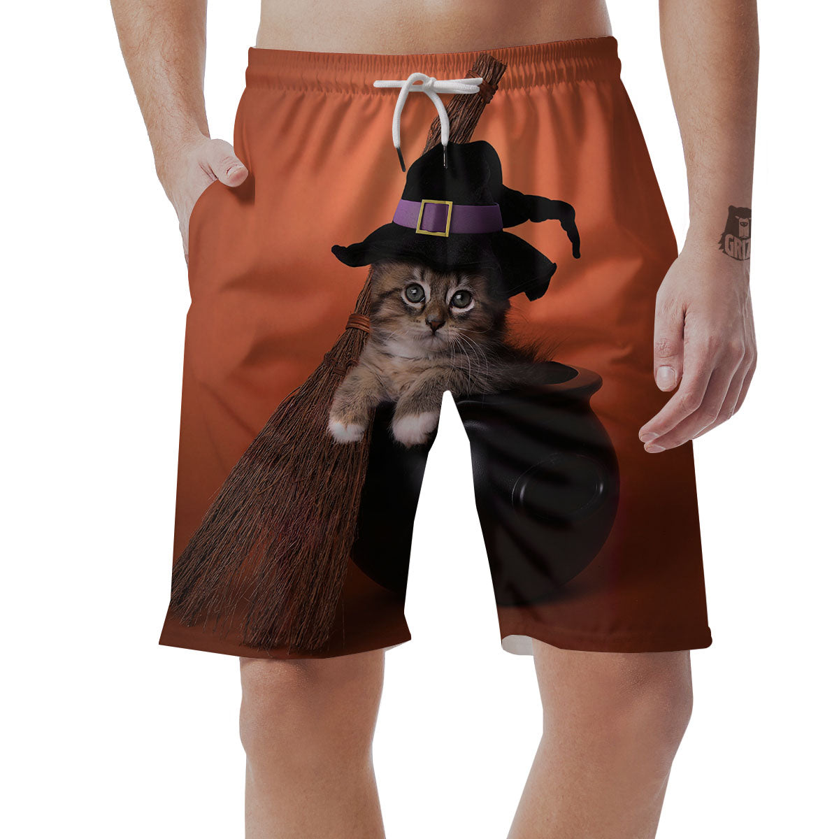 Witch Cat Halloween Cute Print Men's Shorts-grizzshop