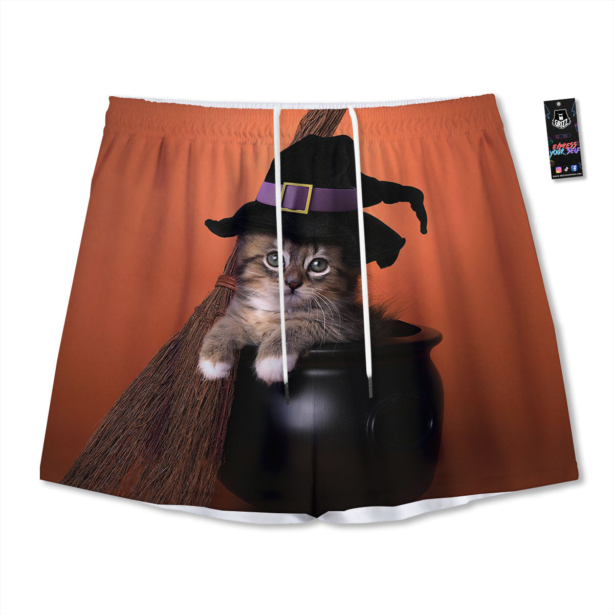 Witch Cat Halloween Cute Print Mesh Shorts